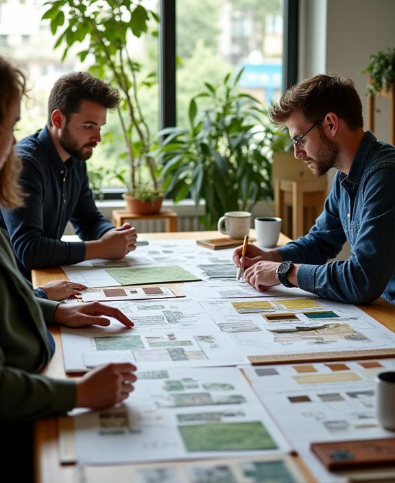 Landschaftsarchitekten von VerdeArte bei der kreativen Planung am Skizzentisch, Moodboard mit Pflanzen und Materialproben