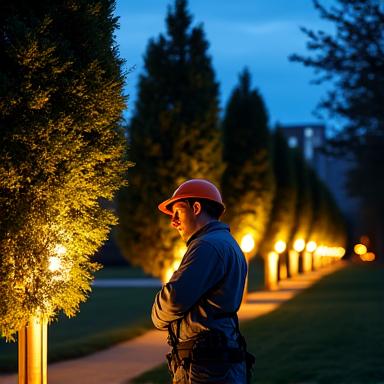 Techniker installiert energieeffizientes LED-Lichtsystem, das Bäume und Wege im Abendlicht effektvoll beleuchtet