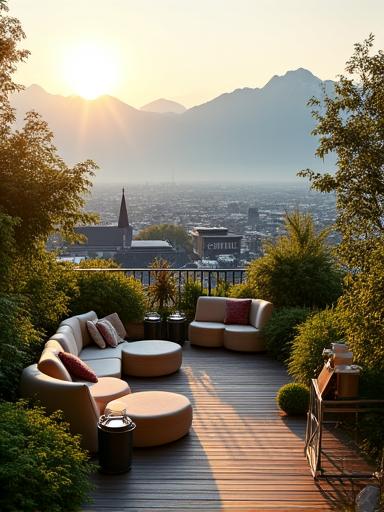 Üppig begrünte Dachterrasse in Zürich mit komfortablen Sitzgelegenheiten und atemberaubender Aussicht auf die Alpen und Stadtdächer