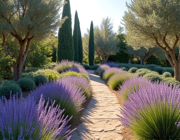 Garten mit mediterranen Pflanzen wie duftendem Lavendel, Olivenbäumen und Zypressen, die ein südländisches Flair nach Genf bringen