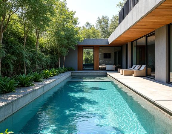 Einladender Naturpool umgeben von moderner Architektur und üppiger, naturnaher Bepflanzung, ideal für warme Sommertage