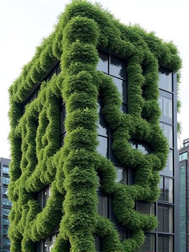 Eindrucksvoller vertikaler Garten an der Fassade eines modernen Gebäudes, der für ein frisches Mikroklima sorgt und die Ästhetik verbessert