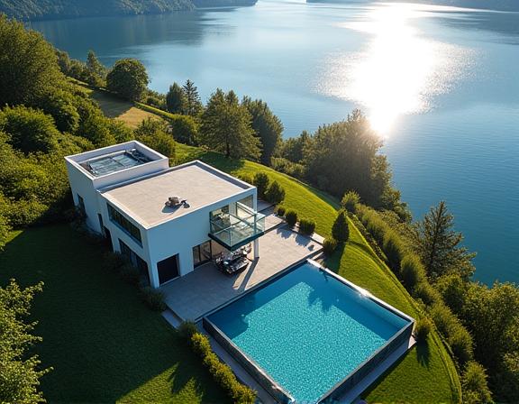 Drohnenaufnahme einer modernen Villa mit weitläufigem Garten, Infinity-Pool und Seeblick am Zürichsee