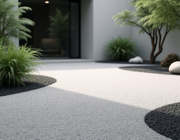 Minimalistischer Zen-Garten im Innenhof eines Boutique-Hotels mit sorgfältig geharktem Kies und einzelnen Zierpflanzen