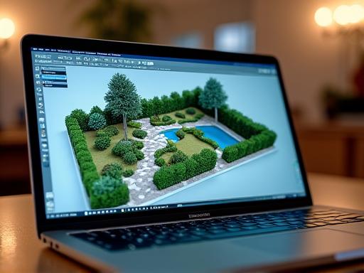 Laptop-Bildschirm zeigt eine detaillierte 3D-Gartenplanung mit realitätsnahen Texturen und Beleuchtung