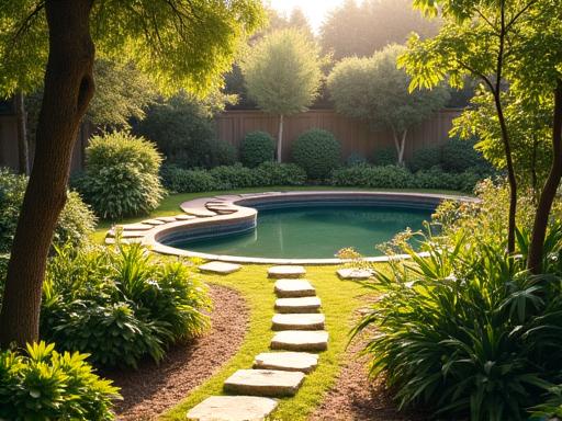 Ein perfekt gepflegter, fertiggestellter Garten mit üppiger Bepflanzung, Natursteinwegen und einem kleinen Teich, sonnenbeschienen