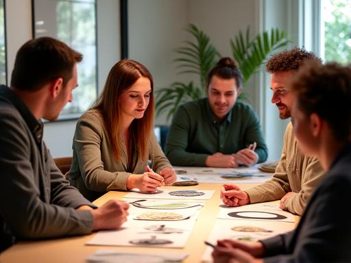 Kundenmeeting im stilvollen Studio von VerdeArte mit Auslegebeispielen für Materialproben und Entwurfsskizzen