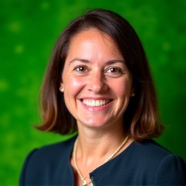 Porträt Elena Weber, Gründerin und leitende Landschaftsarchitektin von VerdeArte, lächelnd vor einem grünen Hintergrund