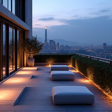 Elegante Terrasse auf einem Zürcher Rooftop mit minimalistischen Outdoor-Möbeln und integrierter Beleuchtung in der Dämmerung