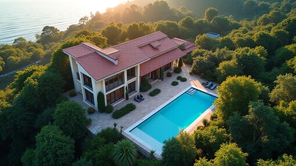 Panoramablick auf eine luxuriöse Villa mit weitläufigem Garten und Pool von oben